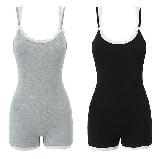 Two tone knitted sleeveless lace edge jumpsuit