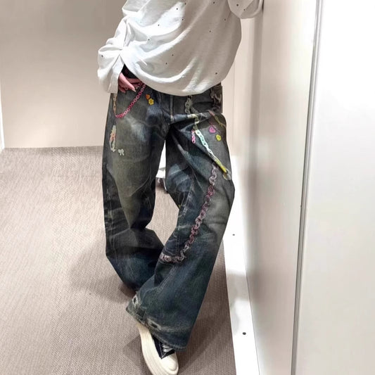 New 3D candy chain printed imitation jeans loose fit