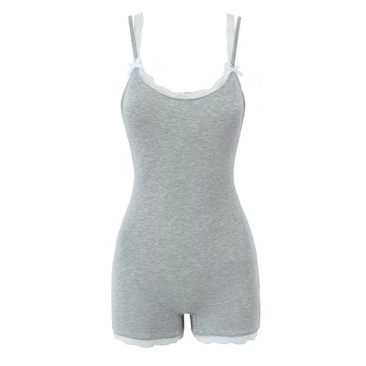 Two tone knitted sleeveless lace edge jumpsuit