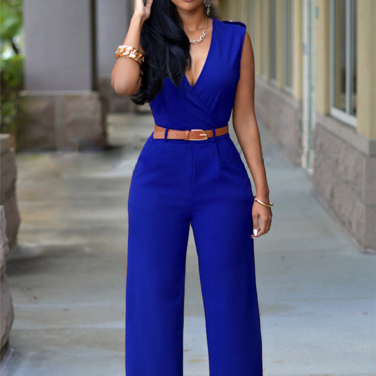 Women Jumpsuit High Waist V-Neck Wide Leg Belted Outfit | Fenif Llc