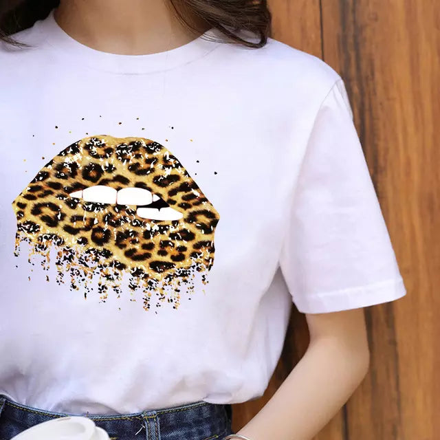 Lips Women T-Shirt Leopard Print Funny Graphic Tee | Fenif Llc