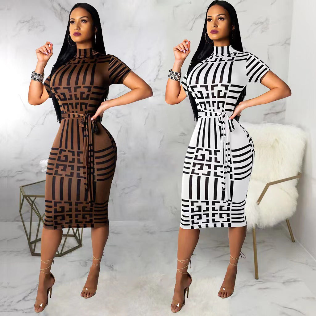 Bodycon Dress for Women Short Sleeve Turtleneck Belted | Fenif Llc