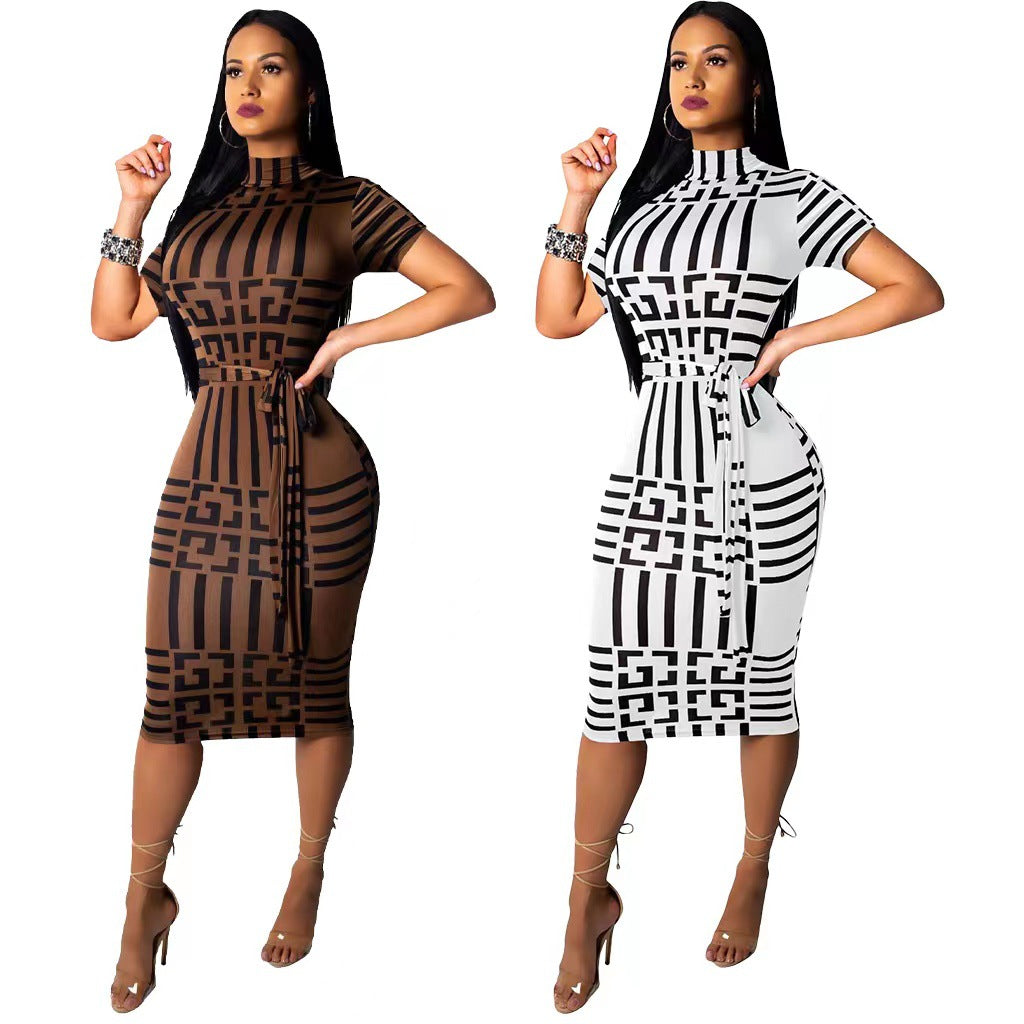 Bodycon Dress for Women Short Sleeve Turtleneck Belted | Fenif Llc
