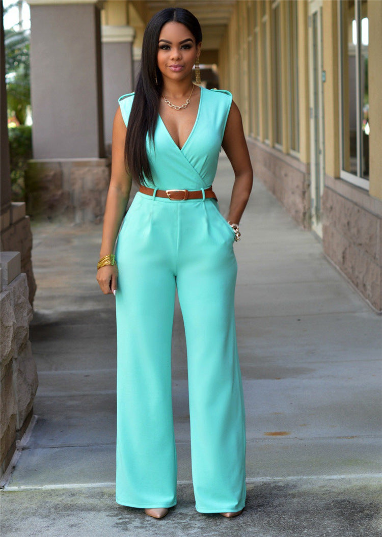 Women Jumpsuit High Waist V-Neck Wide Leg Belted Outfit | Fenif Llc