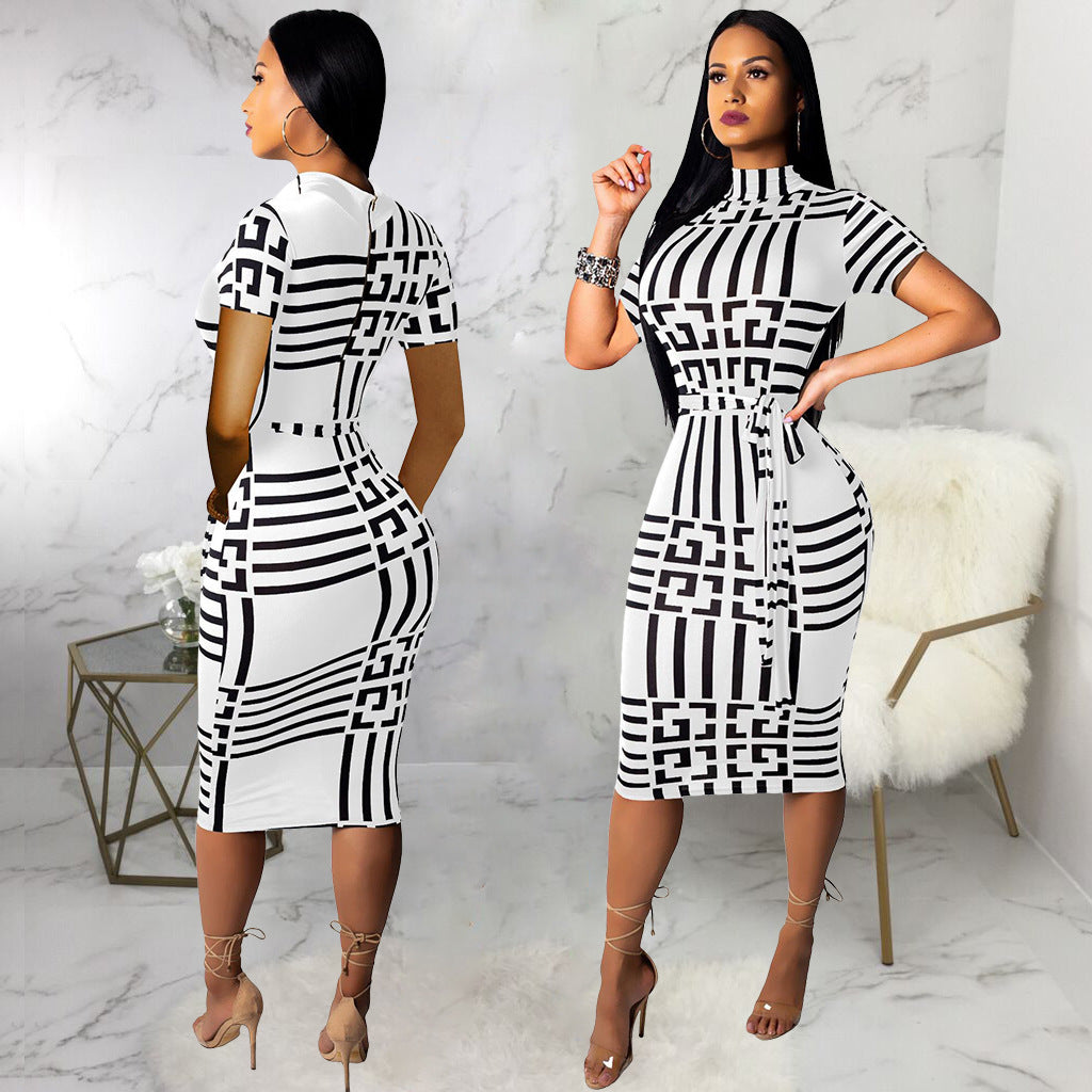 Bodycon Dress for Women Short Sleeve Turtleneck Belted | Fenif Llc