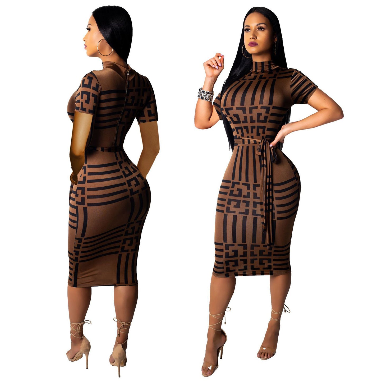 Bodycon Dress for Women Short Sleeve Turtleneck Belted | Fenif Llc