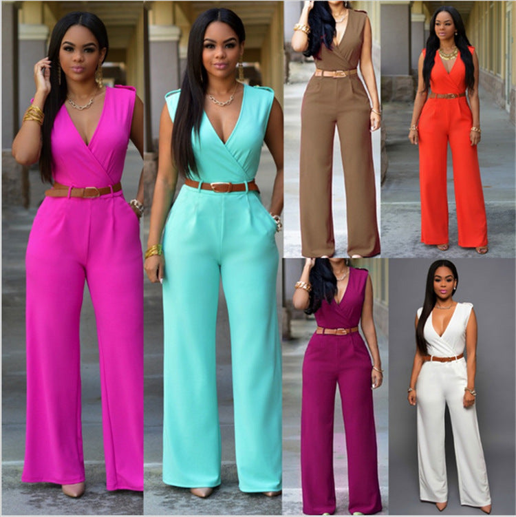 Women Jumpsuit High Waist V-Neck Wide Leg Belted Outfit | Fenif Llc