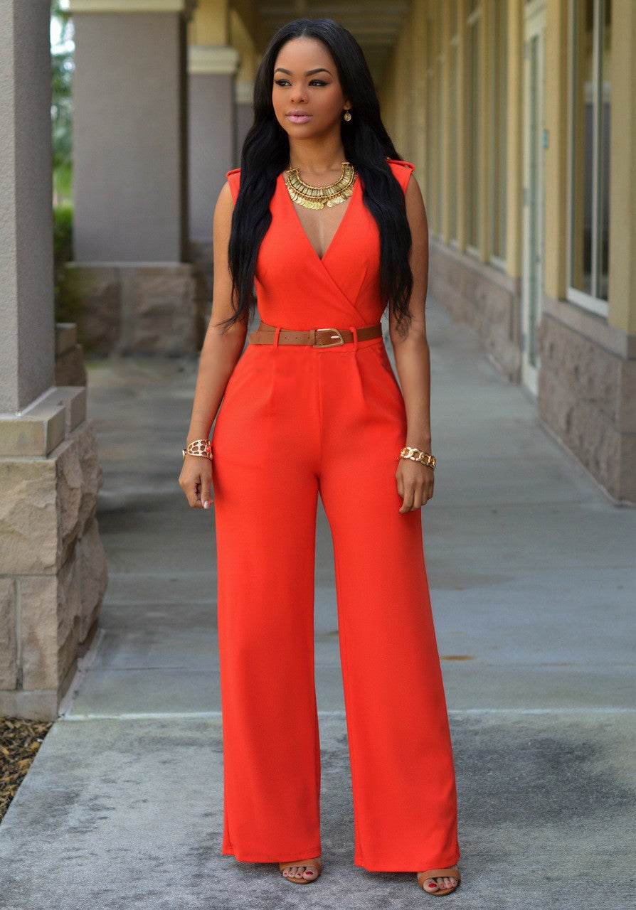Women Jumpsuit High Waist V-Neck Wide Leg Belted Outfit | Fenif Llc
