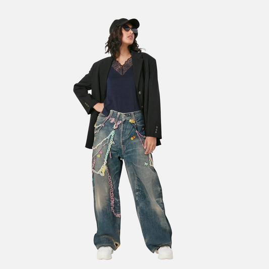 New 3D candy chain printed imitation jeans loose fit