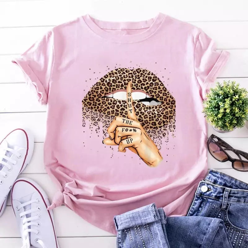 Lips Women T-Shirt Leopard Print Funny Graphic Tee | Fenif Llc